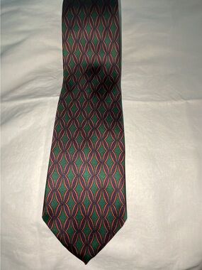 Classic Geometric Men's Tie - Green with Red & Navy Pattern JCREW 100% silk